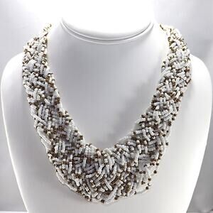 Seed Bead Braided Necklace, White Bronze Gold Glass Beads, 16 Inches